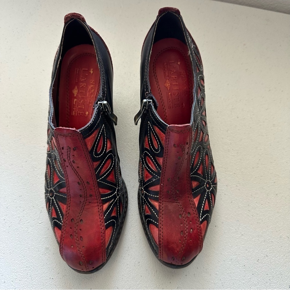 Spring Step L'Artiste Arabella Ankle Booties Side Zip Red/Black leather - Picture 3 of 9